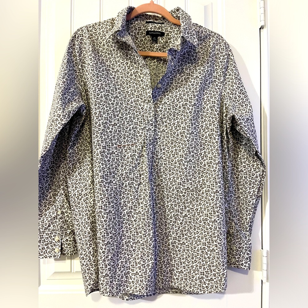 Lands End No Iron Supima Top Size 14 quarter button pullover gray white print